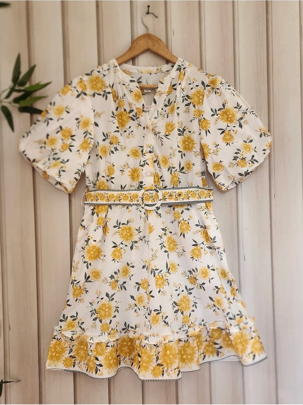 JOIE | Yellow Floral Belted Balloon Sleeves Mini Dress